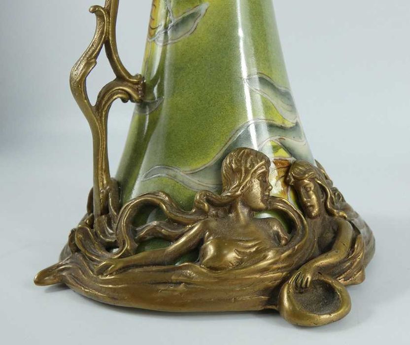 KARAFKA porcelana + BRĄZ secesja dzban kwiat sygnowana