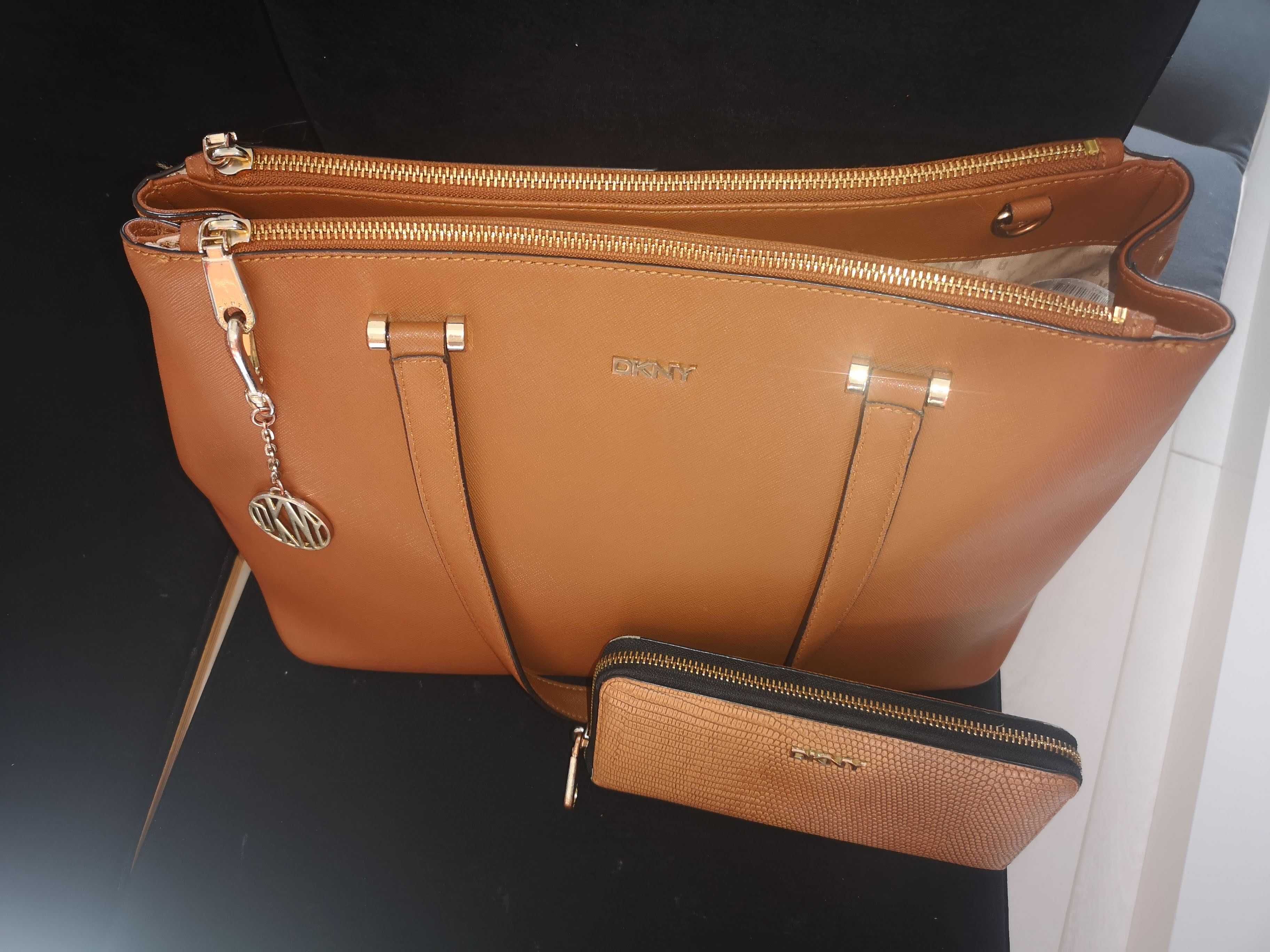 Torba duża, portfel camel DKNY skórzana, skóra A4 Donna Karan