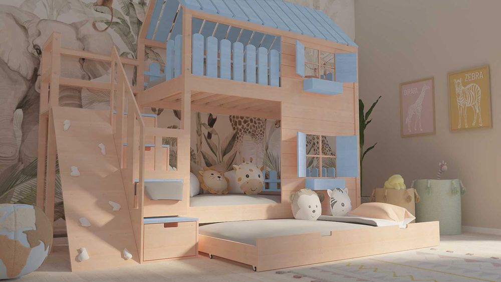 Łóżko piętrowe domek ze schodami i ścianką wspinaczkową