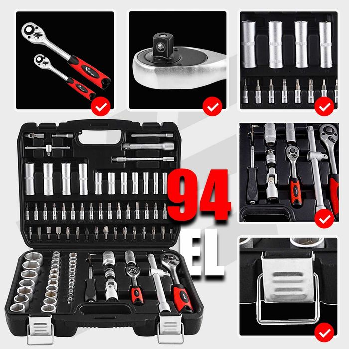 KLUCZE NASADOWE 94 Zestaw Kluczy Nasadowych Narzędzi 2 Dwie Grzechotki