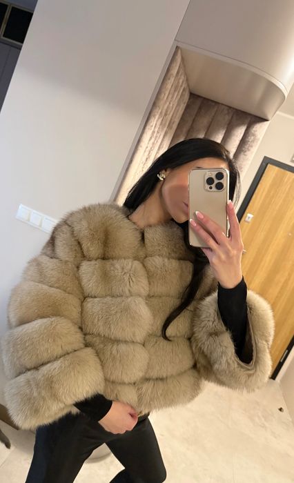 Futro naturalne z lisa NOWE płaszcz kurtka beżowe pikowane M