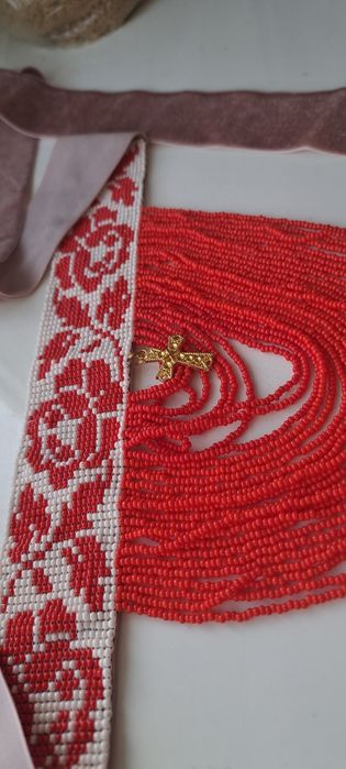Стрічковий ґердан, червоно-бежевий гердан, етноприкраса, силянка