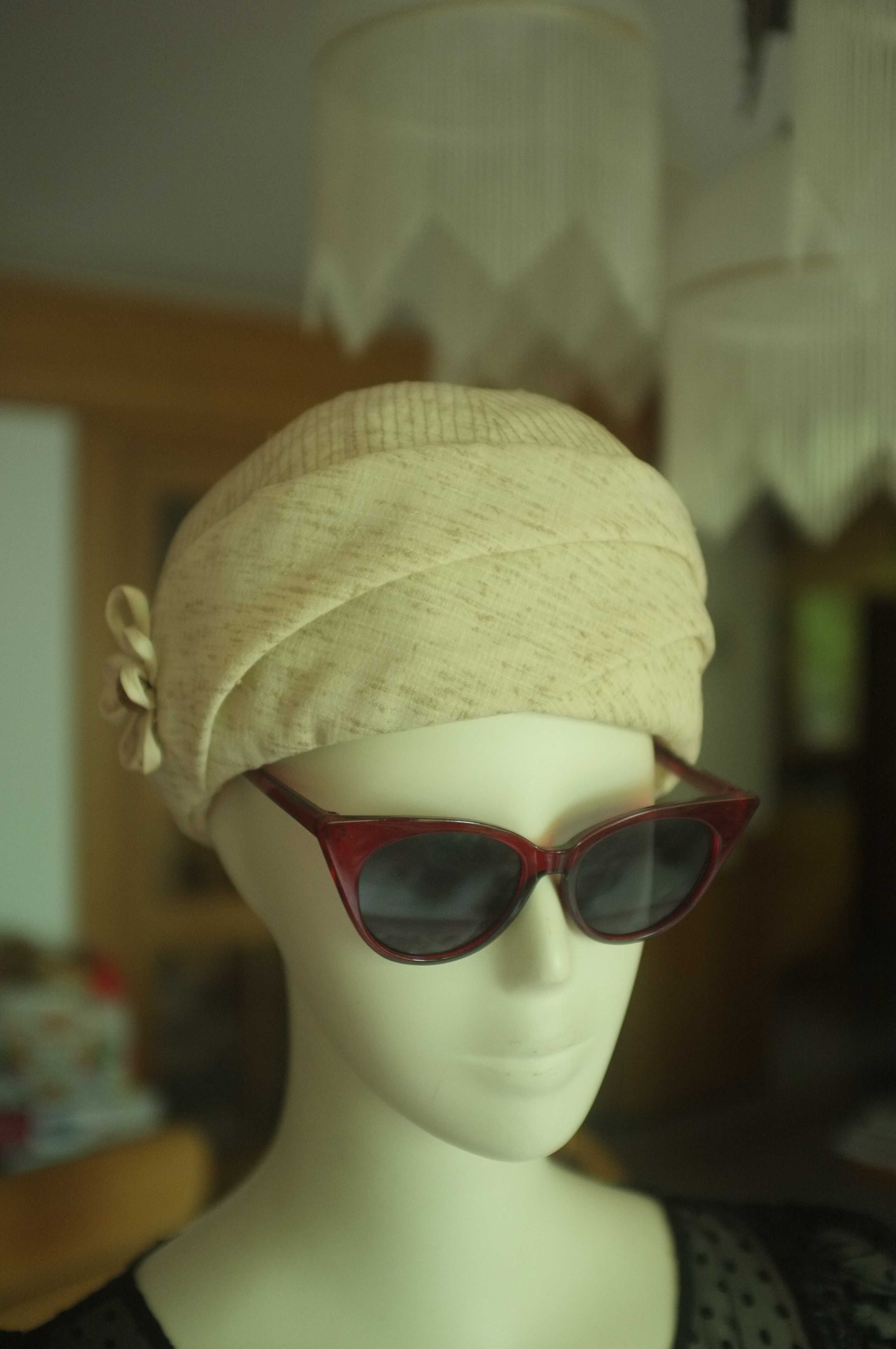 jasny kremowy turban toczek letni real vintage od modystki ecru retro