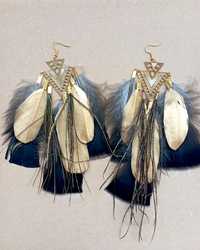 Kolczyki z piór złote boho hippie etno indiańskie długie pawie pióra