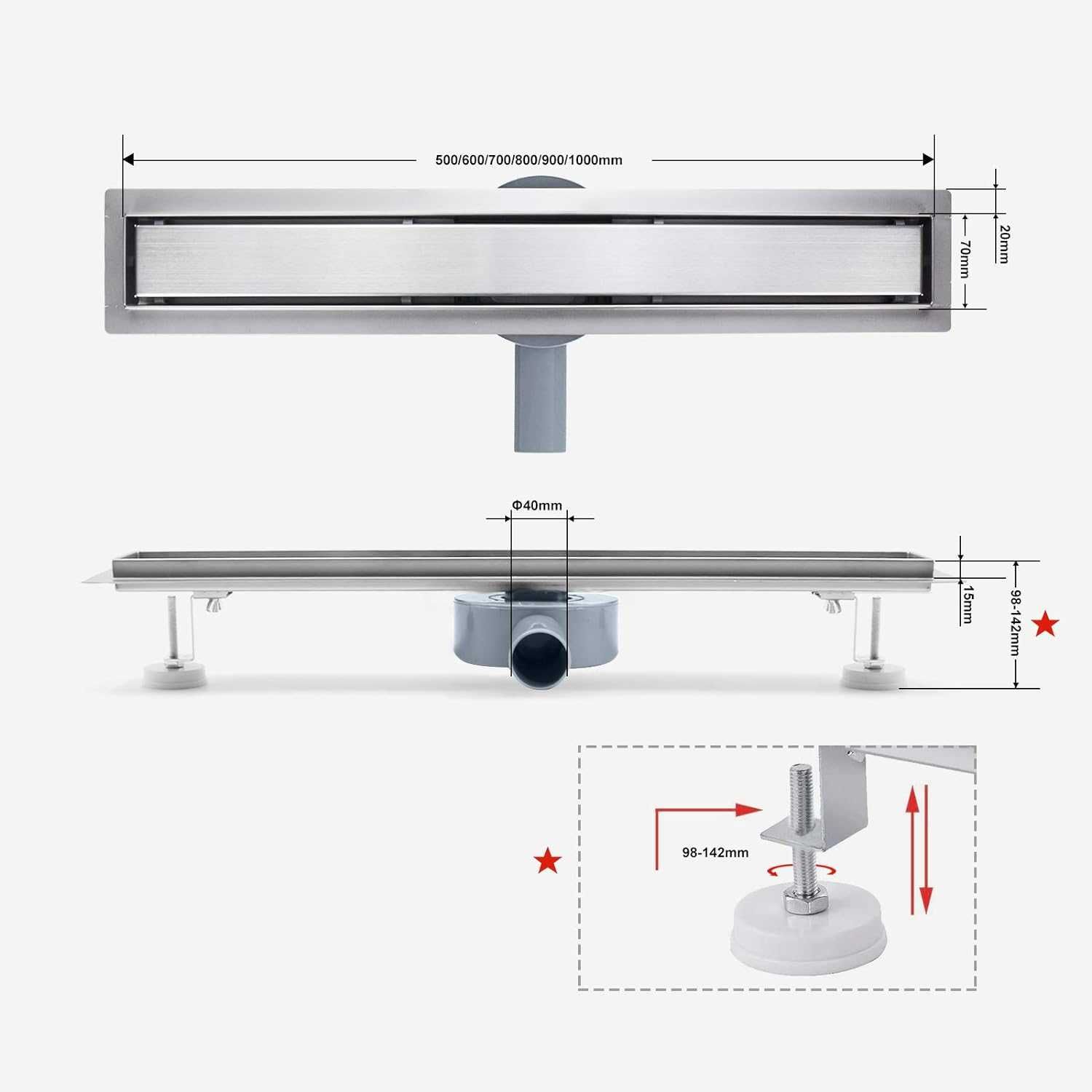 Sanite Modar Odpływ prysznicowy/liniowy z syfonem 360°, długość 70 cm