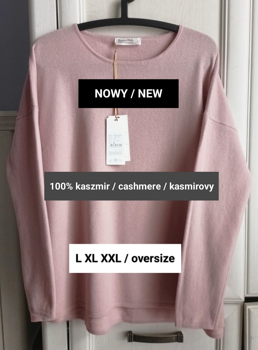 40 42 44 oversize pudrowy róż kaszmirowy lekki 100% kaszmir plus size