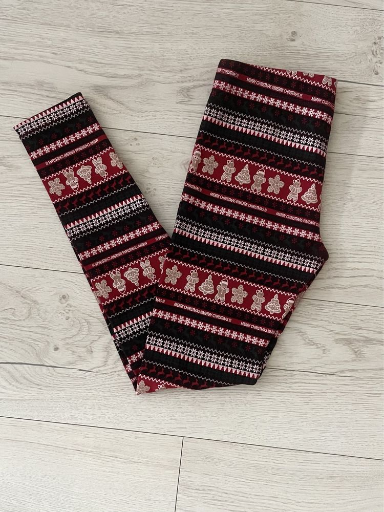 Grubsze czerwone legginsy na gumce świąteczne wzory 158 cm xs