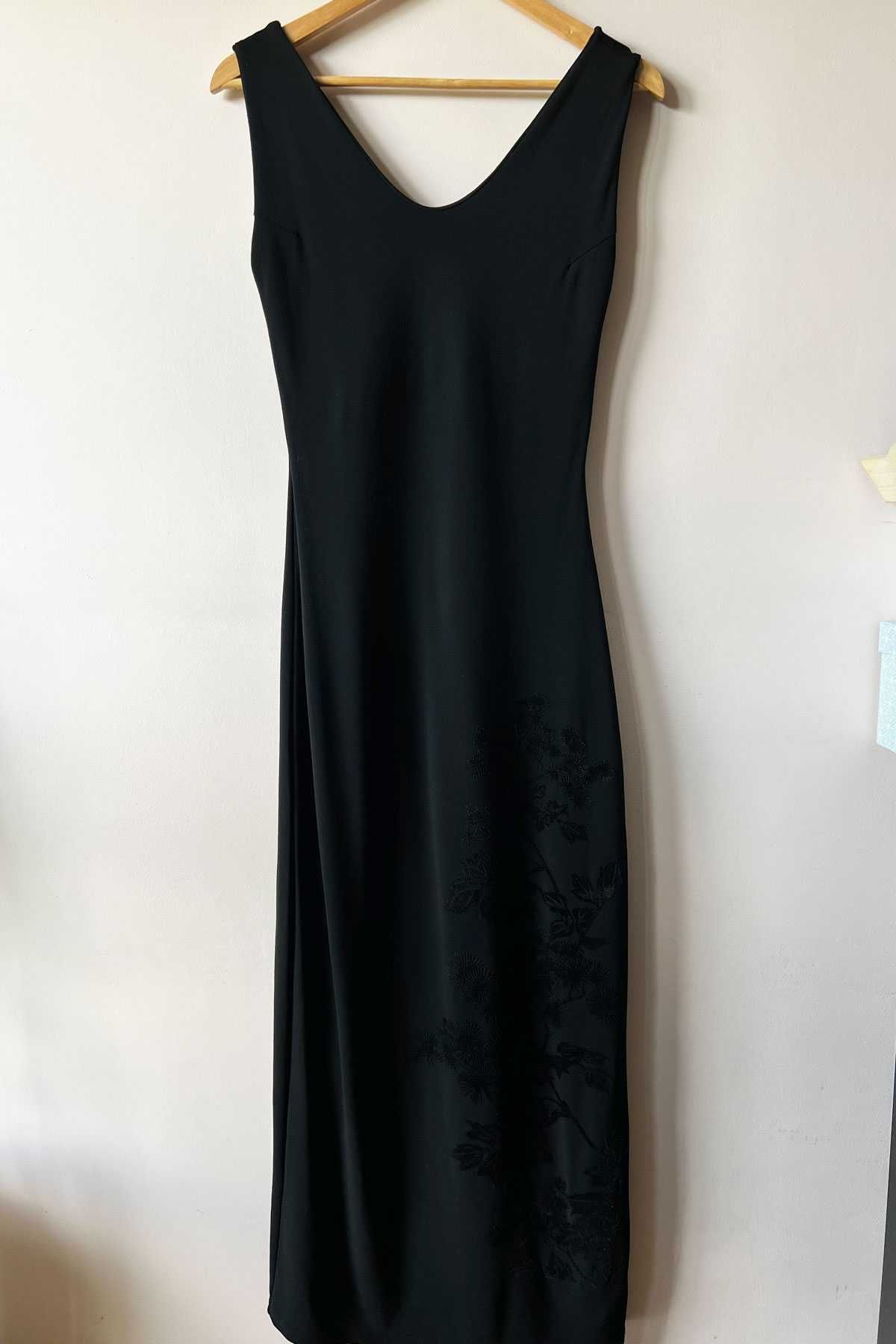 Ange Paris dopasowana czarna sukienka maxi dress dekolt floral 36 S
