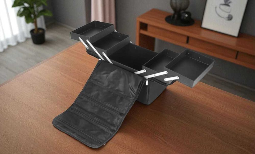 NOWY Kuferek Kosmetyczka Rozkładana Organizer Make-Up Czarny 25×28×20