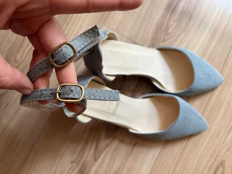 Buty szare czółenka na klocku słupku szpic wesele komunia chrzciny