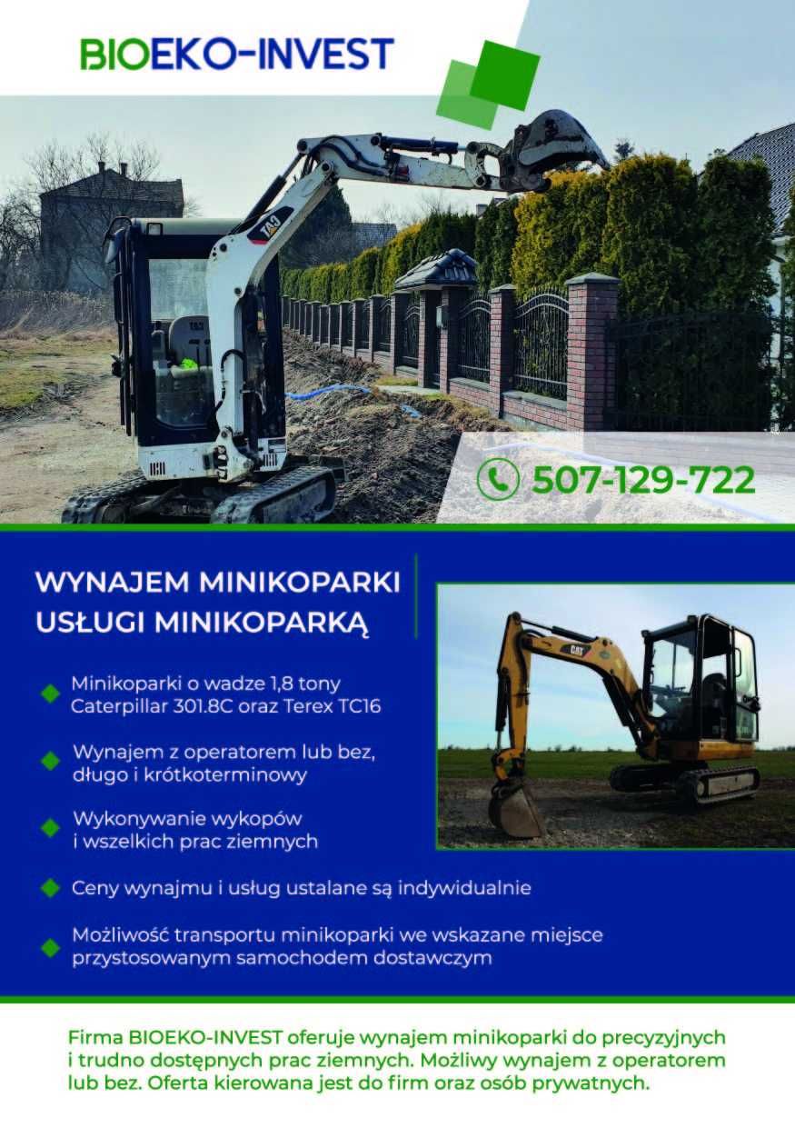Wynajmę minikoparkę, wynajem minikoparki, minikoparka do wynajęcia.