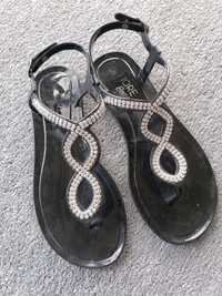 Sandały damskie czarne z cyrkoniami używane, rozmiar 36