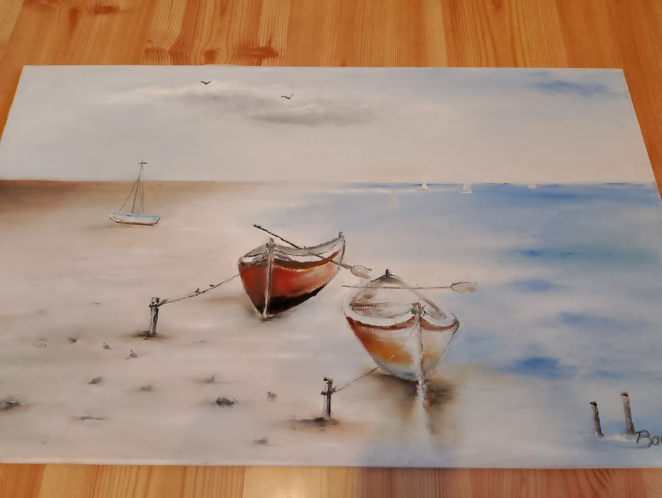 Obraz łódki na plaży 80/50 cm rękodzieło