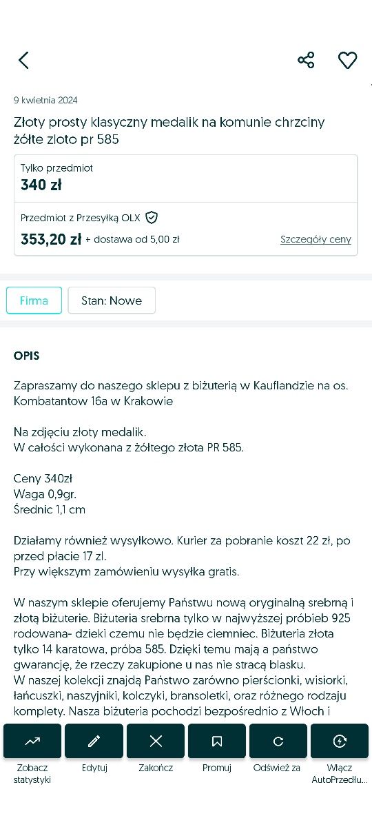 Złoty łańcuszek i medalik żółte złoto pr 585 rezerwacja