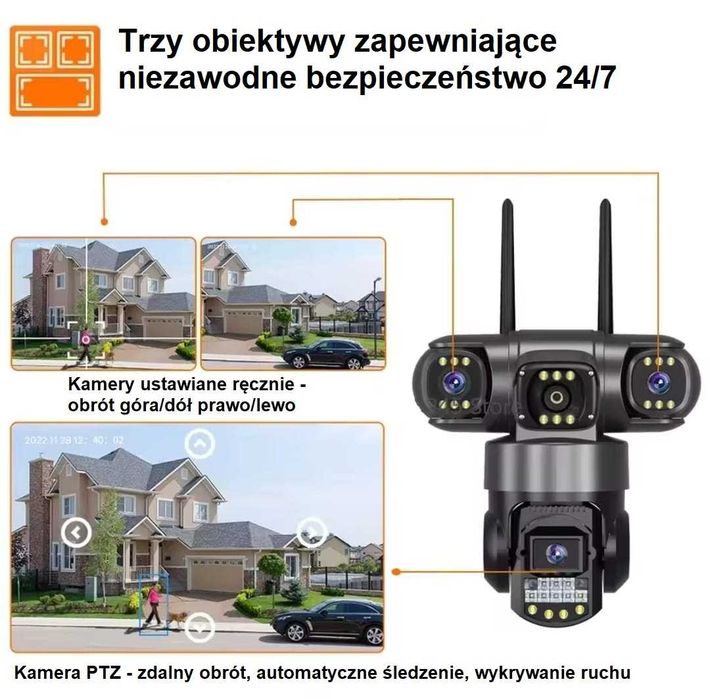 Inteligentna Kamera sieciowa WiFi  potrójna 4K 3x4MP + Karta SD 64GB!