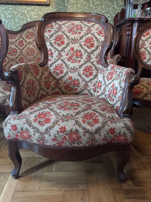 Komplet mebli w stylu Ludwik Filip : Sofa - 2 fotele - 5 krzeseł