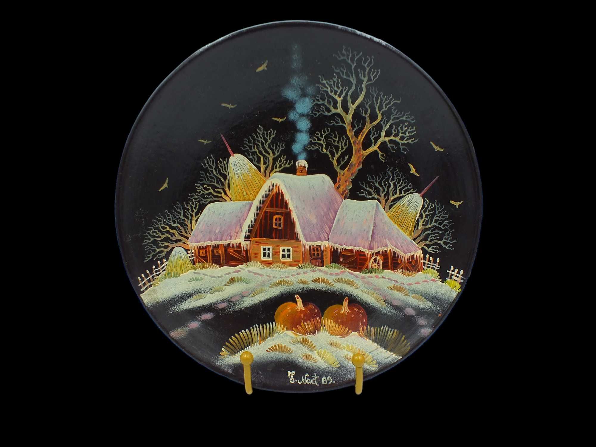 Obraz na talerzu ceramicznym Wiejska Chata zimą 1982 r B121603