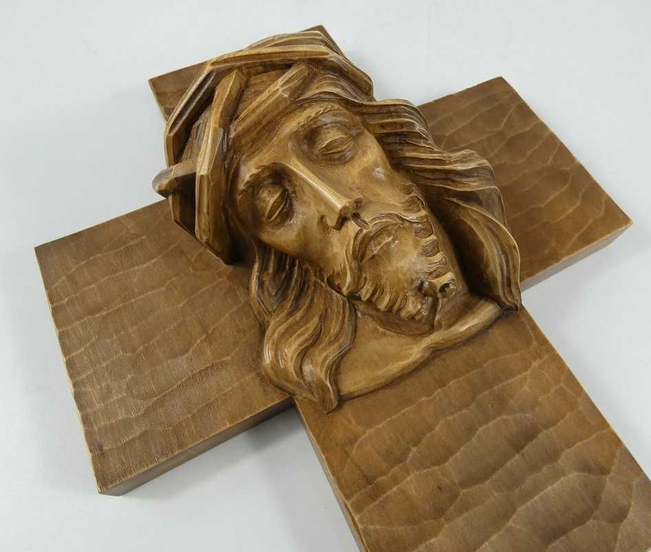 Krzyż krucyfiks rzeźba głowa JEZUS DREWNO 28 x 24,7 cm