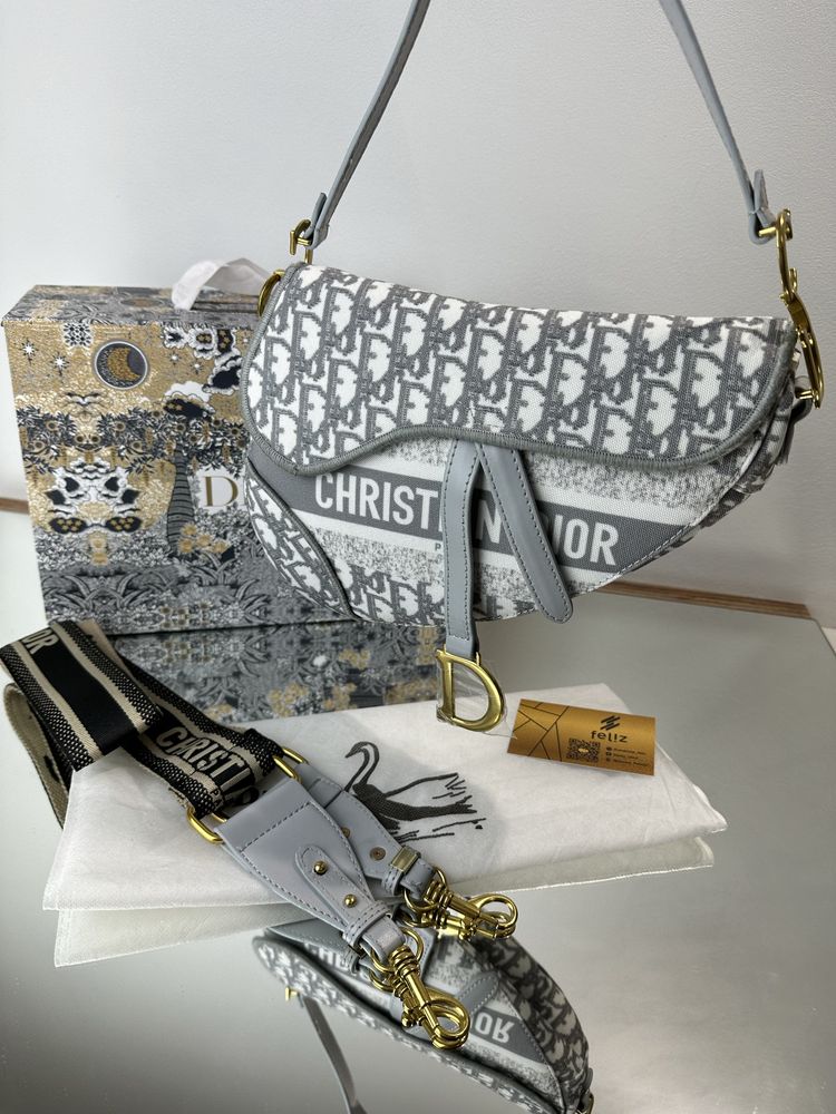 Luksusowa torebka damska Dior Saddle Trotter szara Premium w pudełku