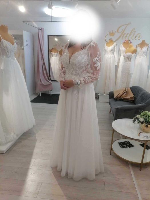 Suknia ślubna bez trenu, koronkowa, Boho