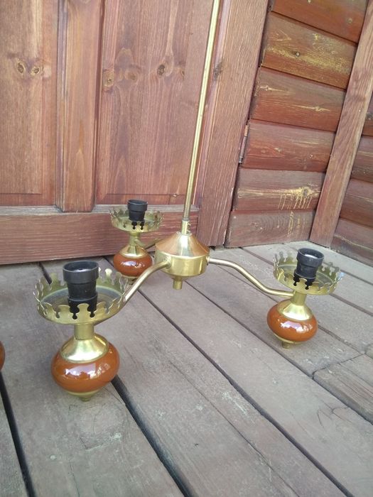 OKAZJA Stara lampa żyrando retro mosiądz porcelana POLAM WIELICZKA PRL