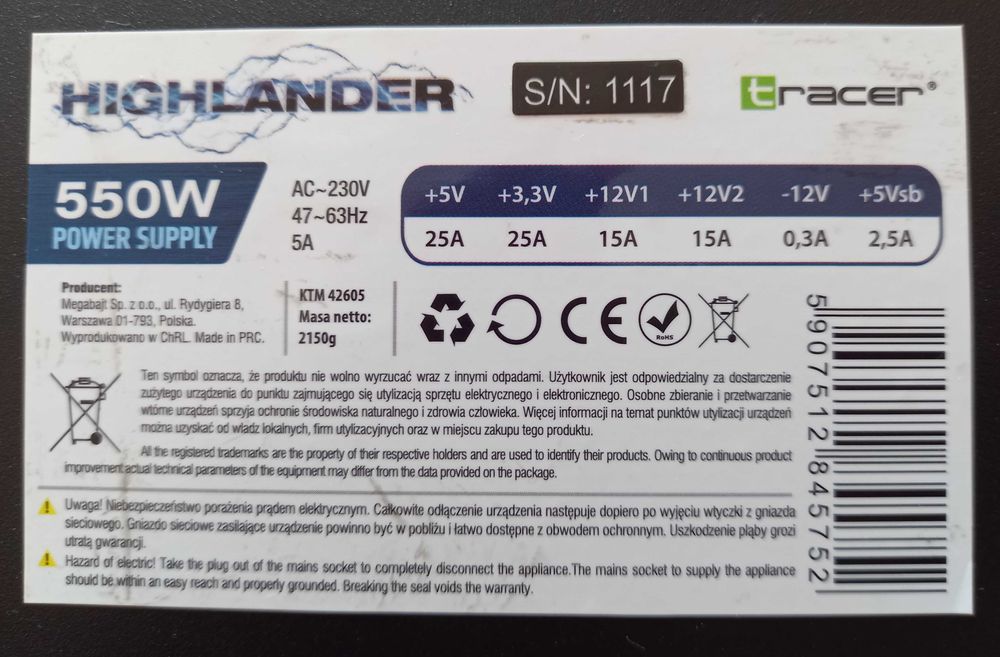 Highlander Tracer  - Zasilacz 550W