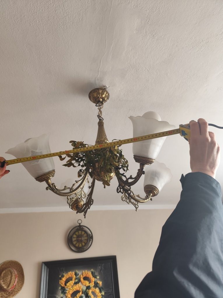 Oświetlenie mosiężne żyrandol, kinkiet podwójny i dwa pojedyncze