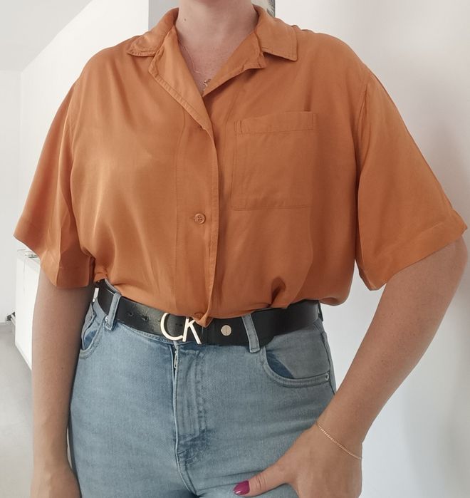 Luźna zwiewna koszula Crop top oversize wiskoza H&M bluzka krótki ręka