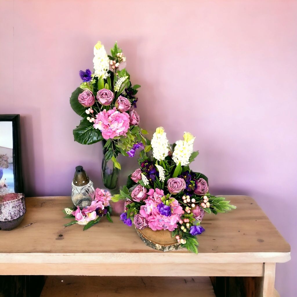 Wiosenny zestaw wiązanka+bukiet+wianek komplet sztuczne kwiaty pastele