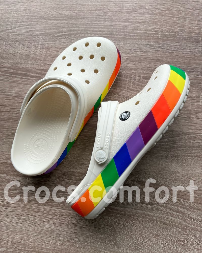 Крокси білі веселка райдуга жіночі крокбенд, crocband rainbow