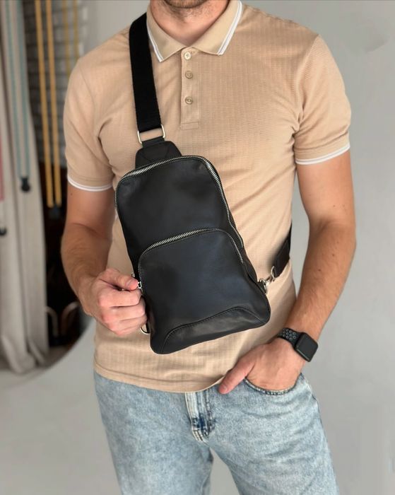 Мужской кожаный слинг черный, барсетка-сумка мужская из гладкой кожи