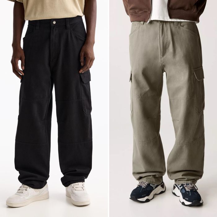 Штани Pull&Bear Cargo Trousers Baggy Fit чорні хакі чоловічі карго