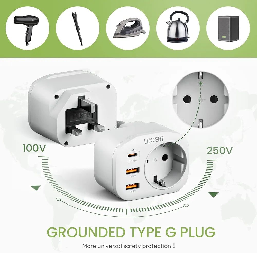 LENCENT 4-w-1 Szybkie ładowanie 2x Adapter Podróżny UK Adapter, Typu-G