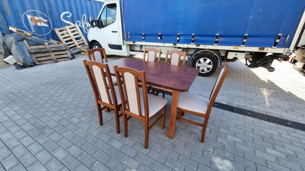 Nowe: Stół rozkładany + 6 krzeseł, kasztan+kawa z mlekiem, dostawa PL