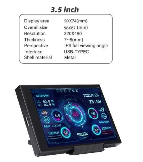 Monitor HDD Secundário 3,5 Polegadas, IPS Tipo-C