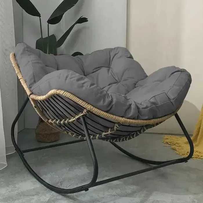 Fotel Bujany Sofa Z Rattanu I Poduszka XXL - Beżowy / Szary 100x100x80