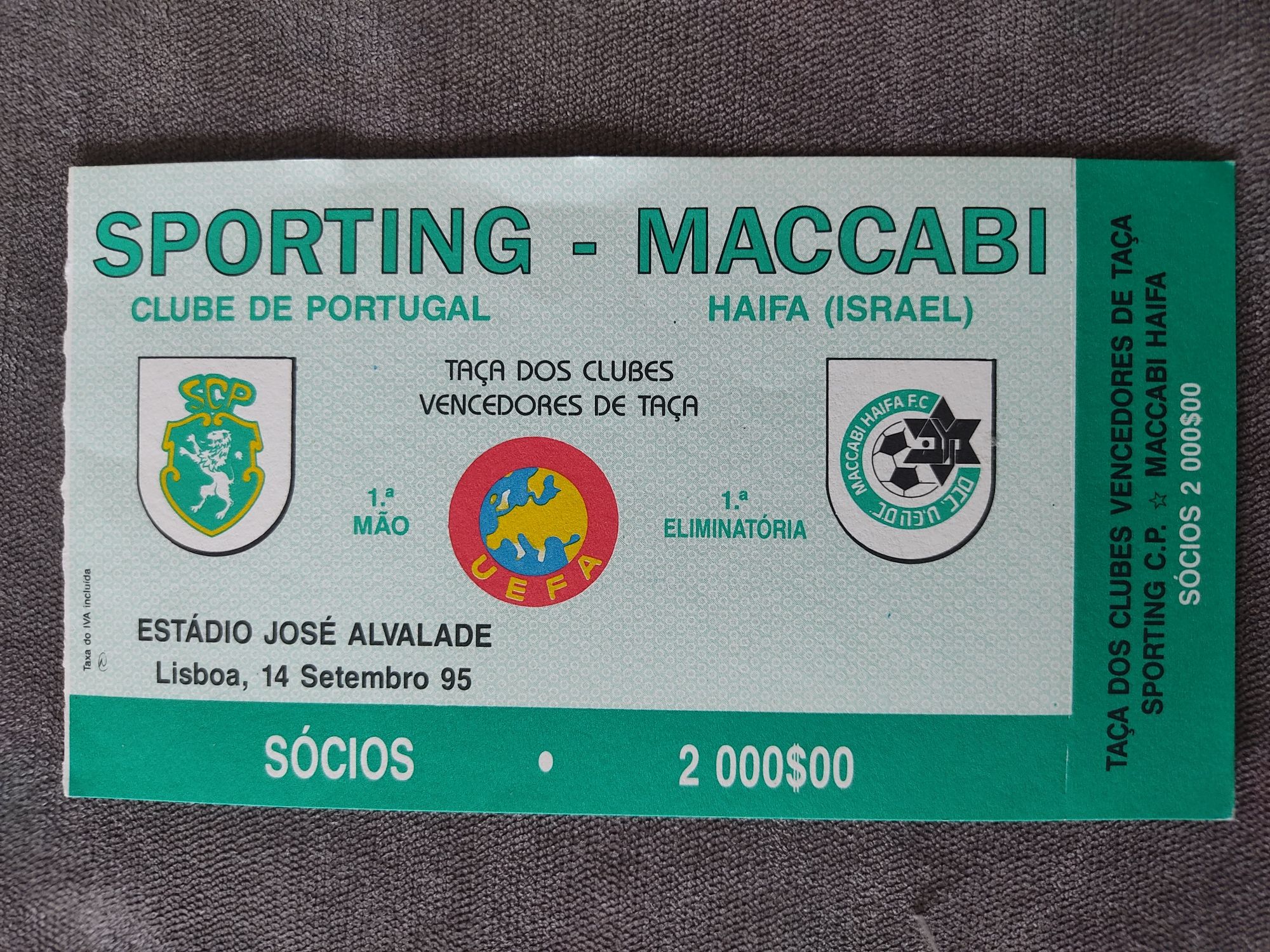 2 Bilhetes Sporting Maccabi tel Aviv 1995 taça das taças