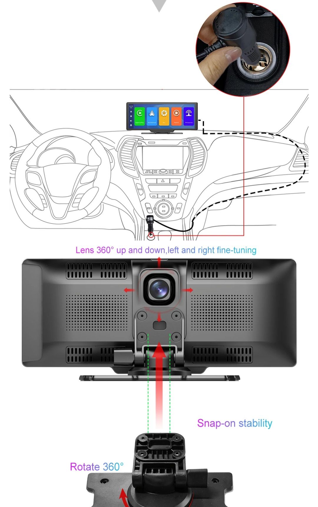 Rádio portátil carro 9,3 polegadas c/ android auto e Carplay e dashcam