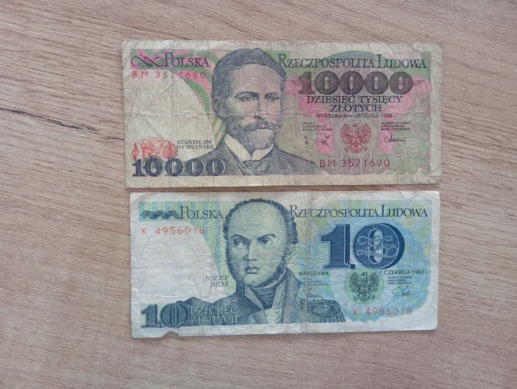 Banknot PRL 10000zł 1988 Wyspiański + 10zł 1982 Bem