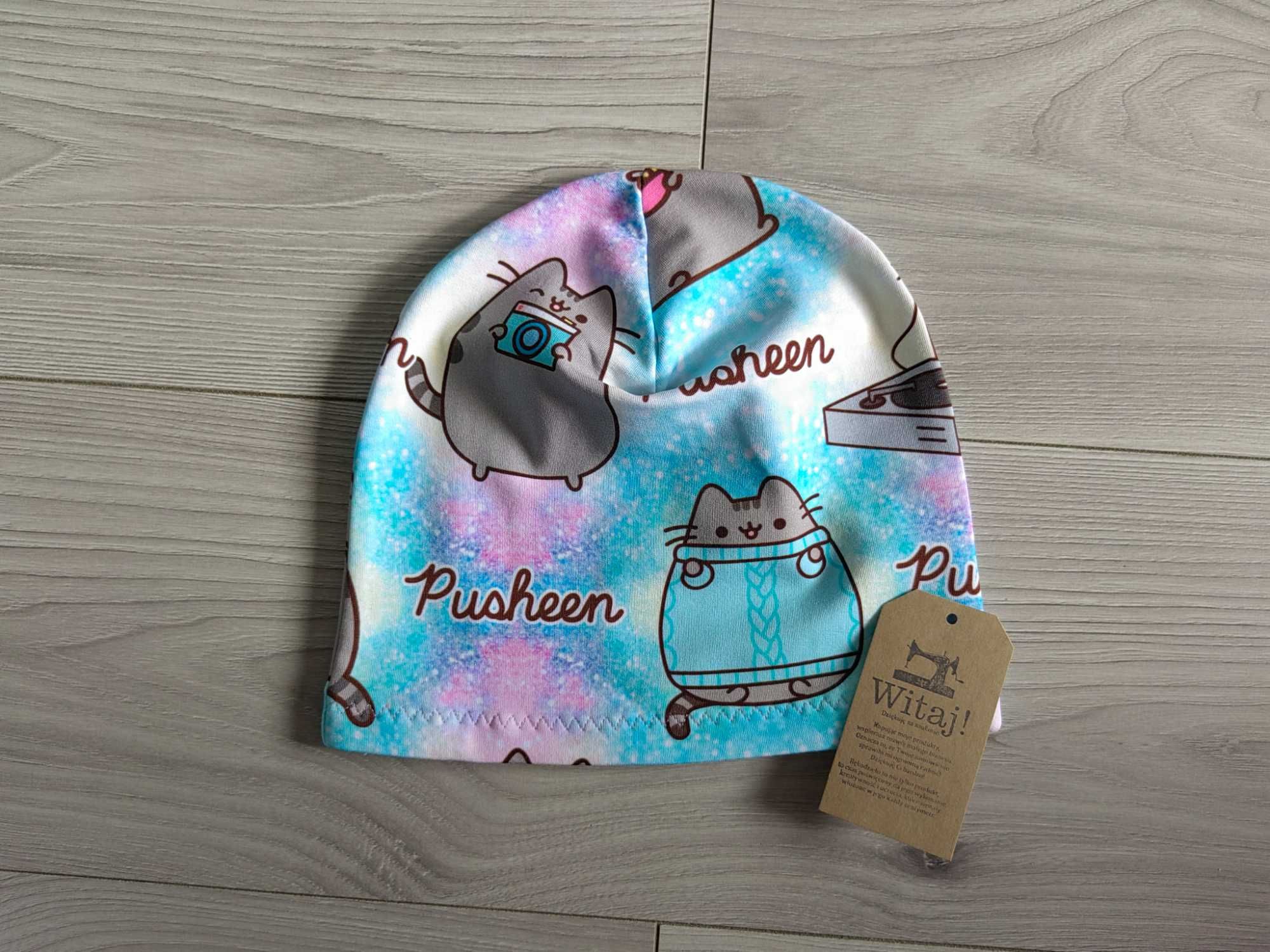 Czapka wiosenna kot Pusheen na obwód ok 52/53 cm, wiek ok 5/8 lat