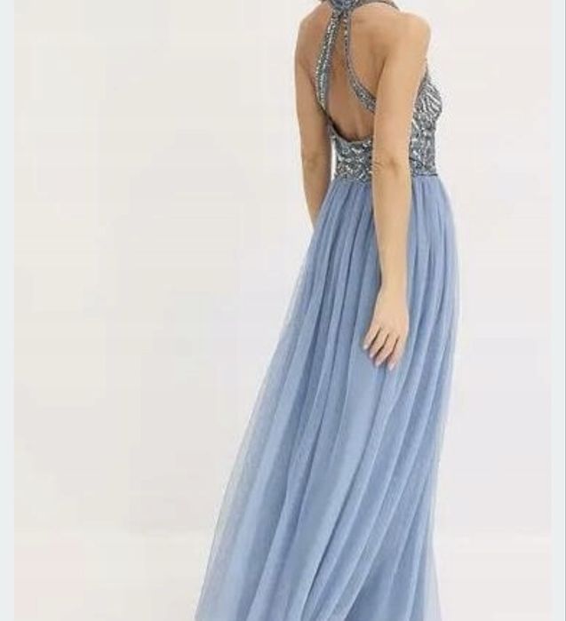 Elegancka długa sukienka w kolorze błękitnym wesele studniowka