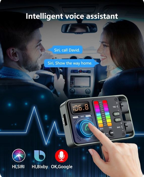 Nadajnik samochodowy Bluetooth 5,3 FM, odtwarzacz Hi-FI Treble & Bass