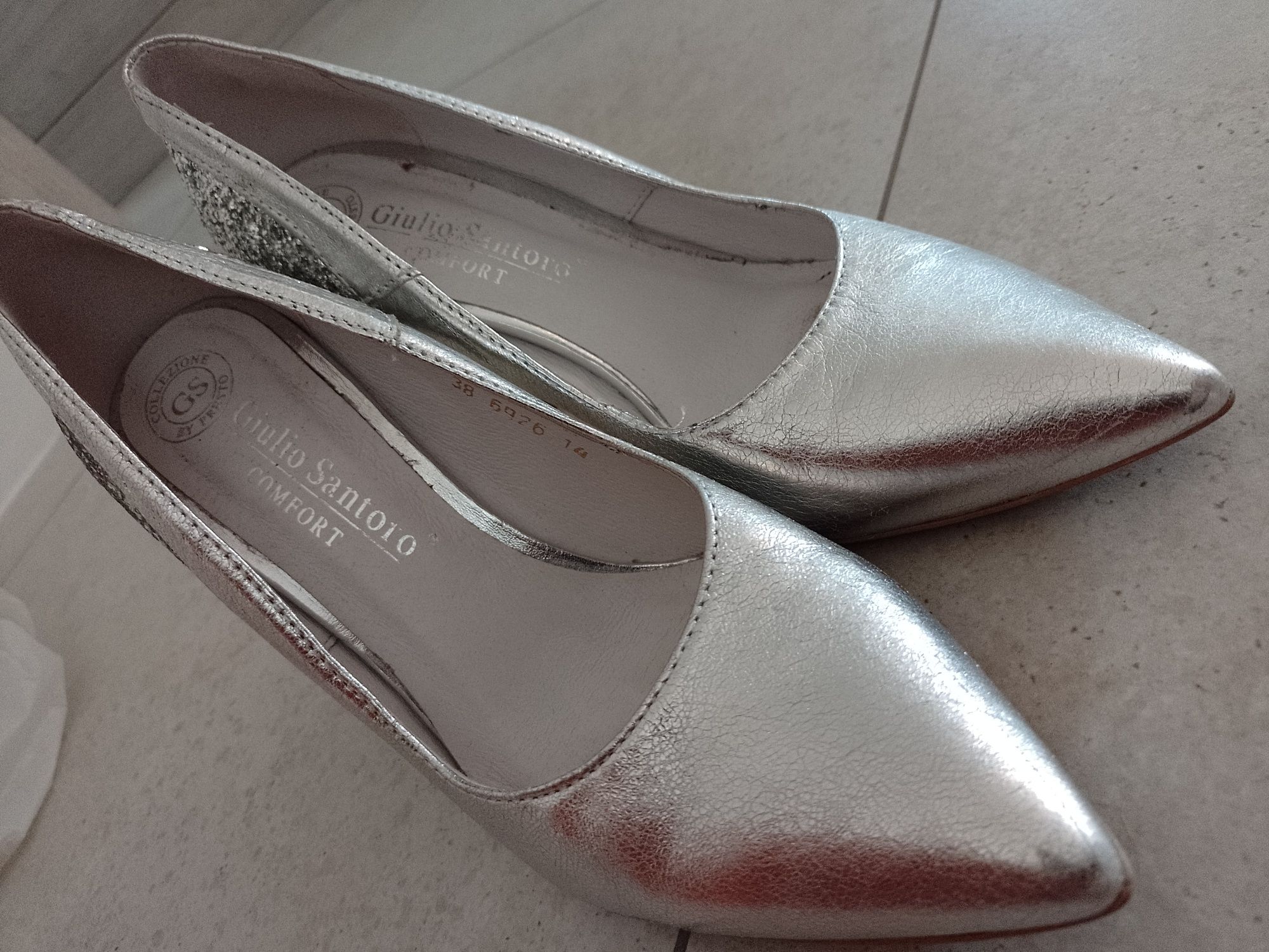 Buty szpilki ślubne srebrne brokat włoskie skórzane 38
