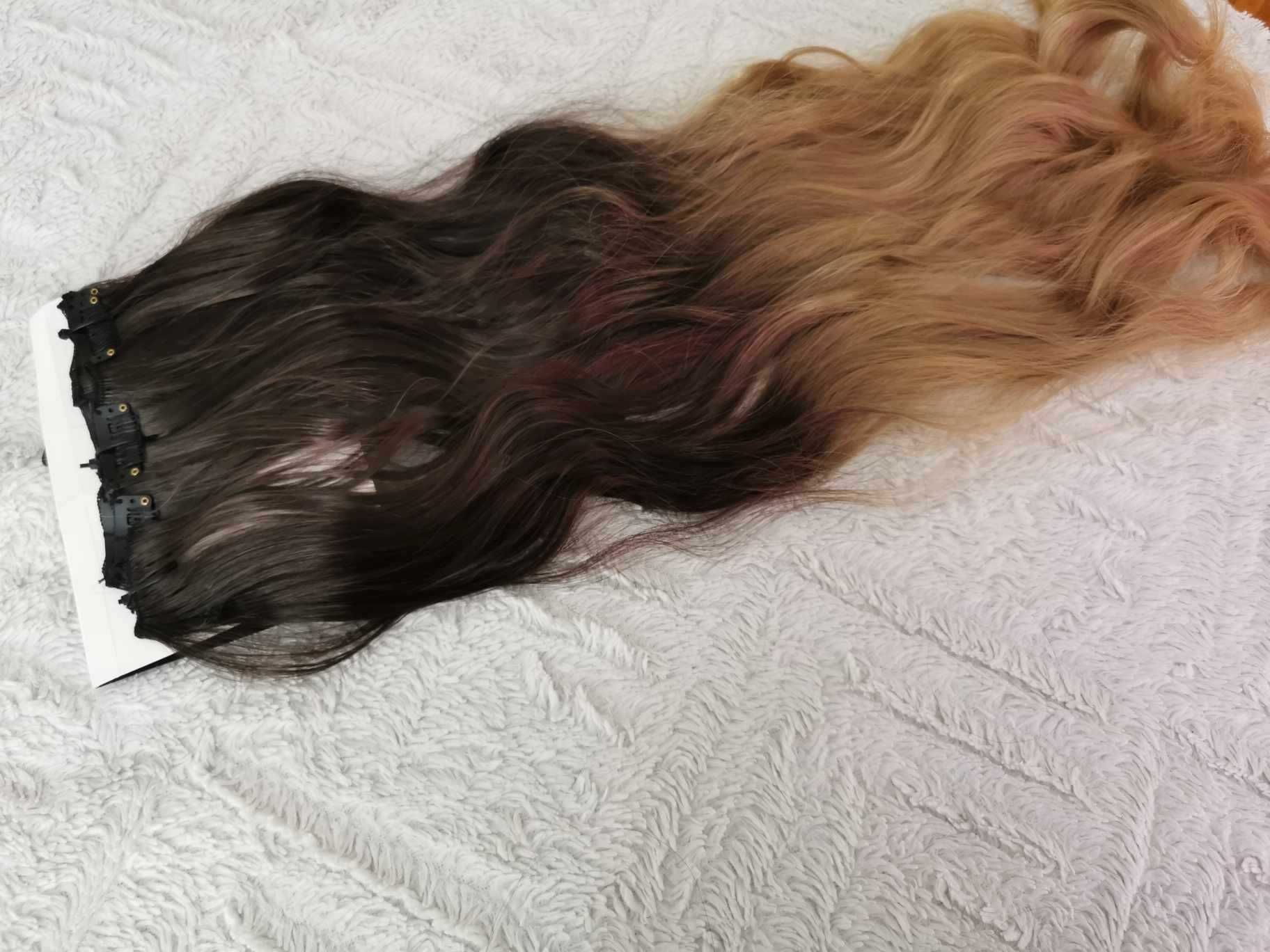Doczepiane włosy ombre brąz blond clip 65cm fale
