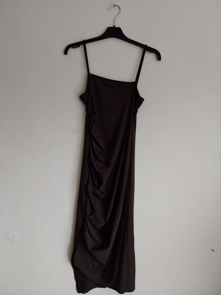 Dopasowana satynowa brązowa długa sukienka suknia maxi rozmiar XS/34