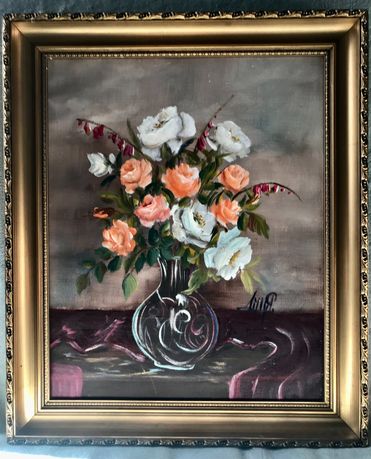 Obraz olejny na płótnie, kwiaty, XX wiek