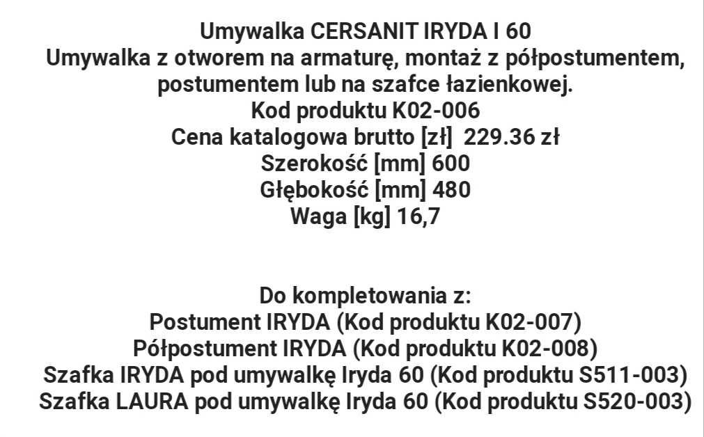 Umywalka Cersanit IRYDA 60