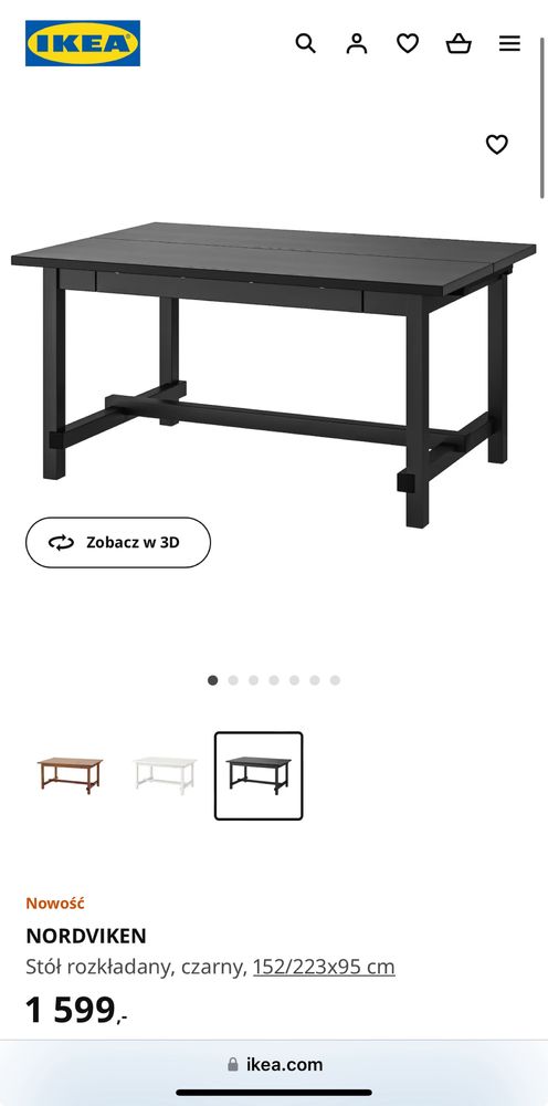 NORDVIKEN Stół drewniany rozkładany, czarny 152/223x95 IKEA