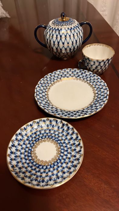 Кофейные тройки сахарница ЛФЗ кобольтовая сетка фарфор