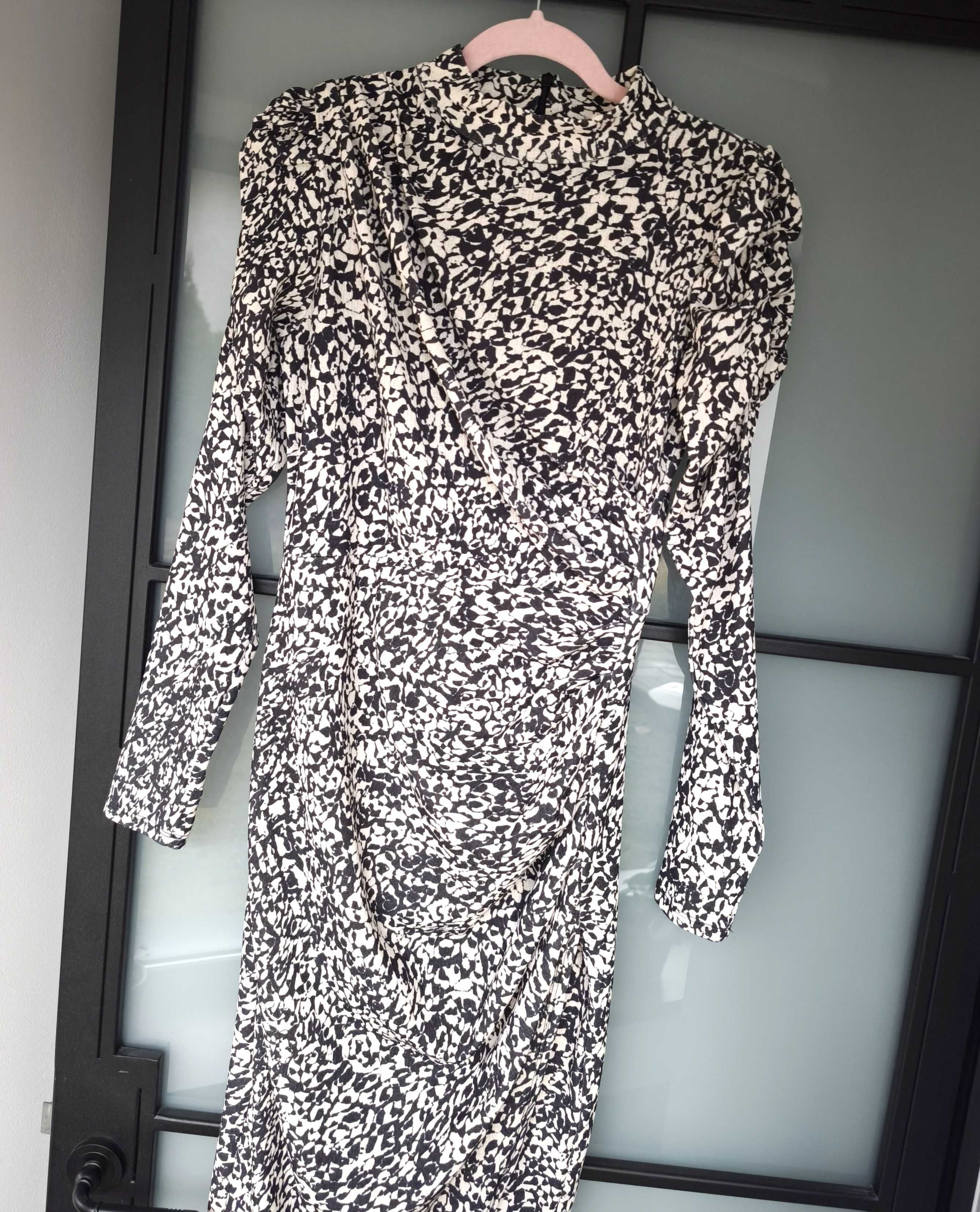 H&M wzorzysta sukienka midi kopertowa marszczona drapowana S